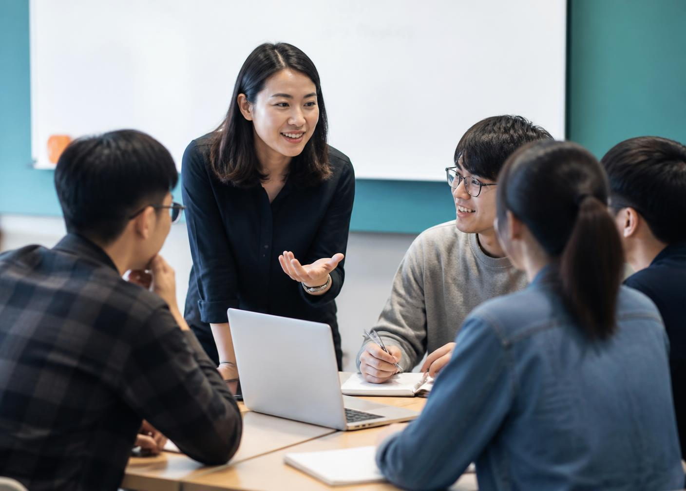 An educator facilitating a small-group leadership discussion with students