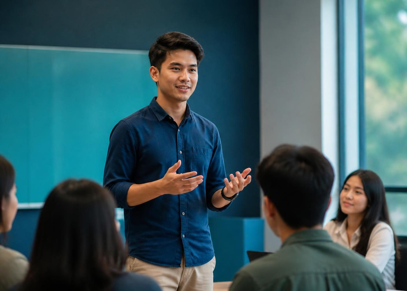 A young student confidently presenting to classmates in a seminar room